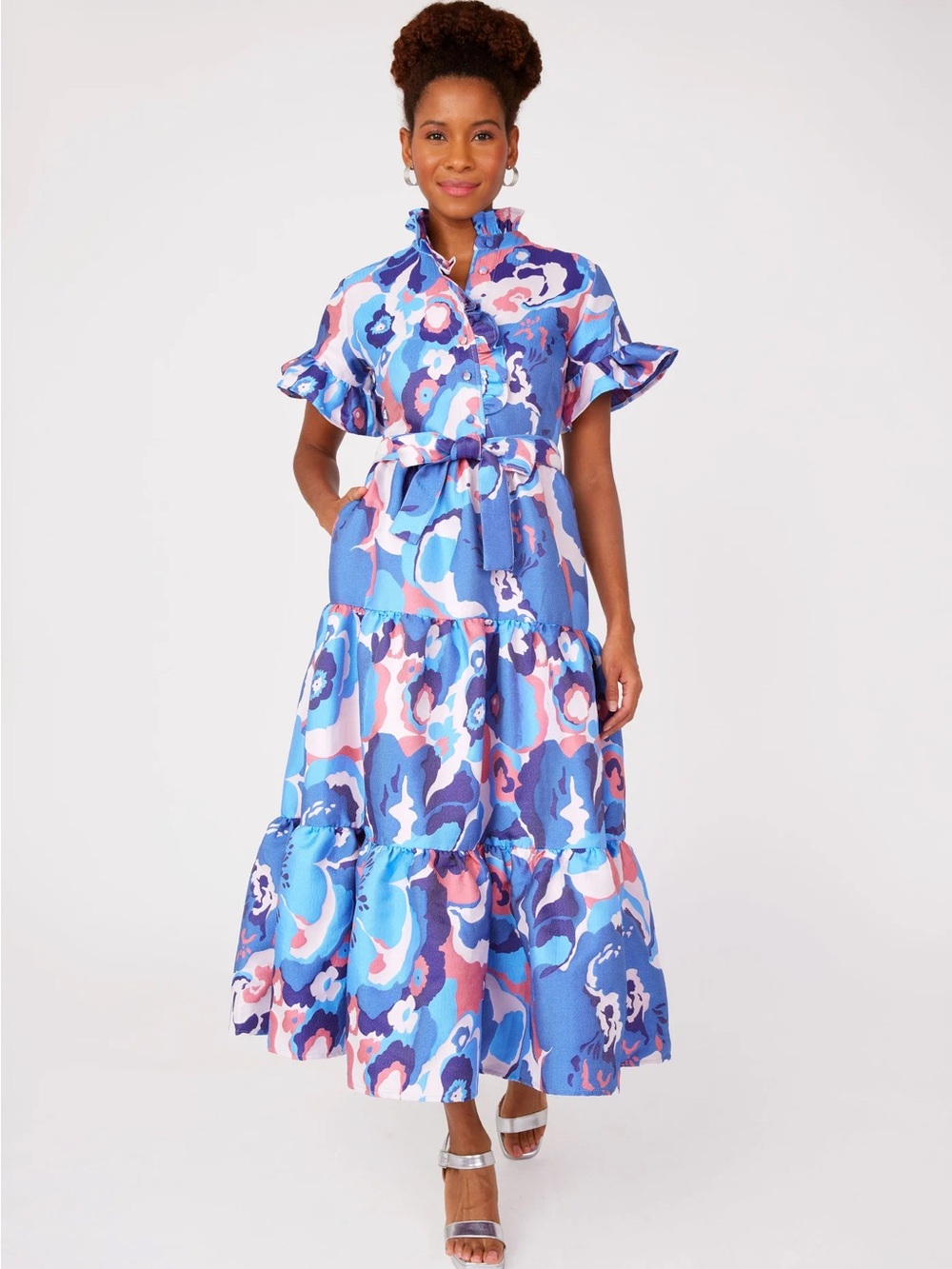 Blue Abstract Print Maxi Dress with Self-Tie Belt